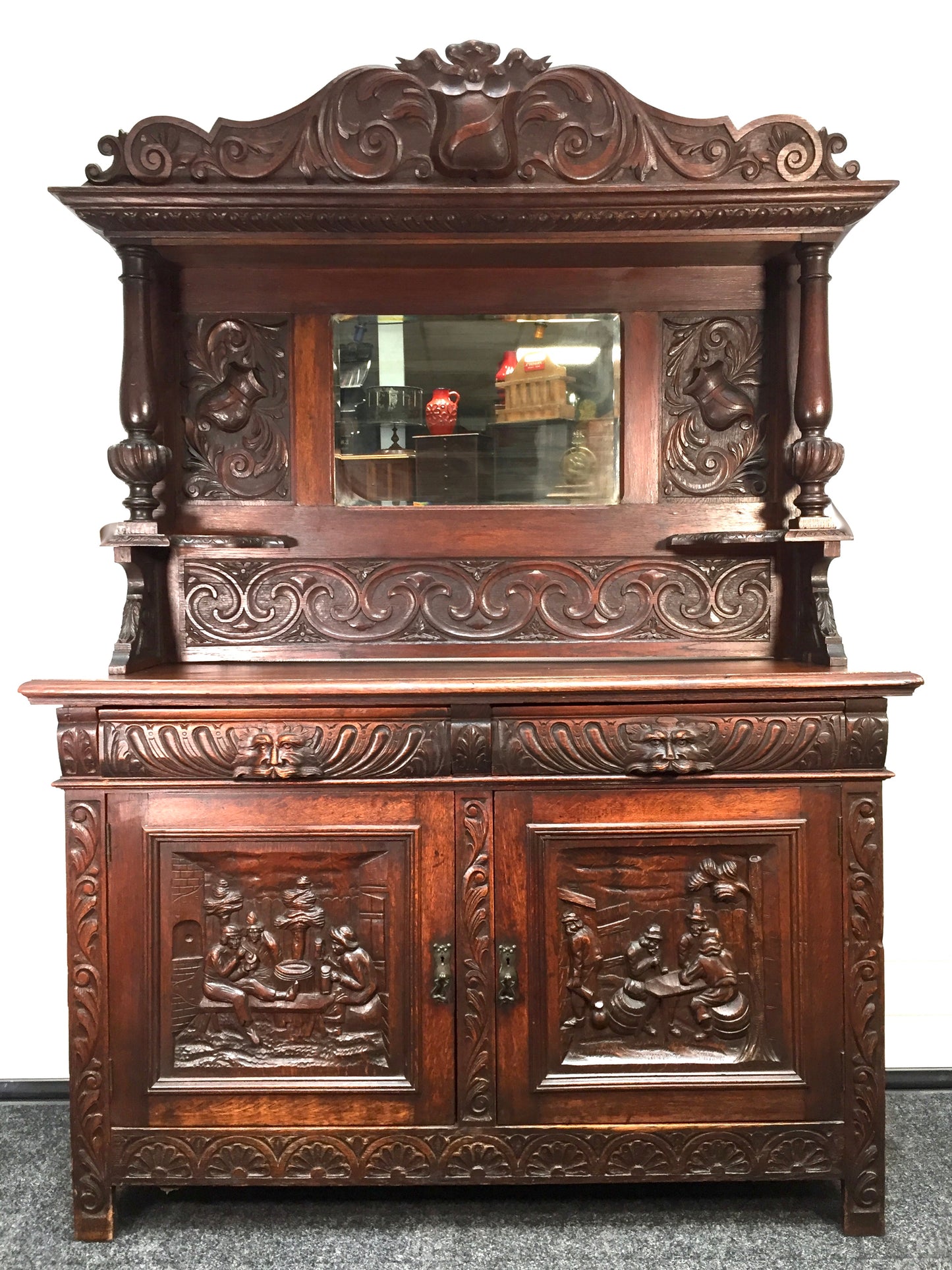 Antique 19th Century Carved Wooden Oak Green Man Dresser Sideboard with Mirror