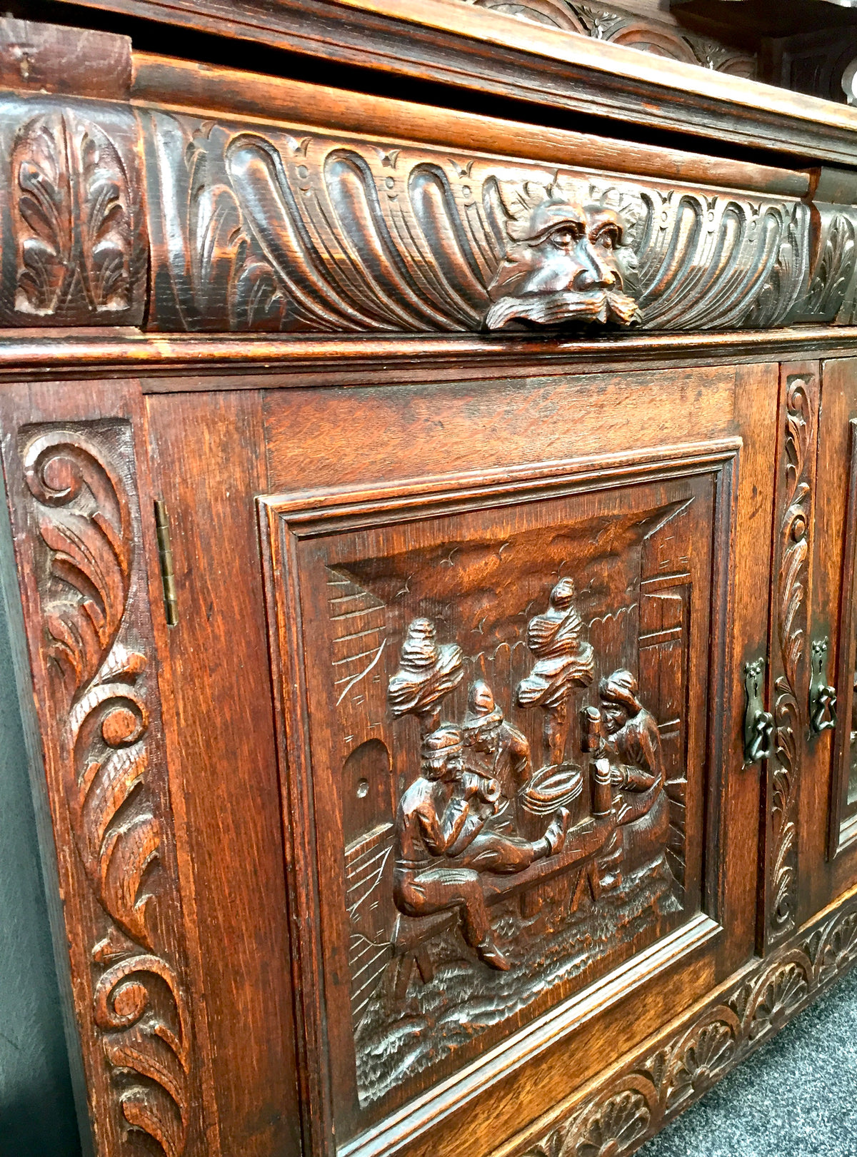 Antique 19th Century Carved Wooden Oak Green Man Dresser Sideboard with Mirror