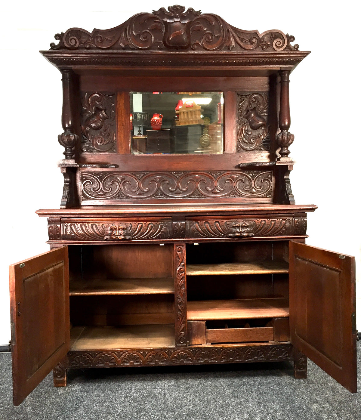 Antique 19th Century Carved Wooden Oak Green Man Dresser Sideboard with Mirror