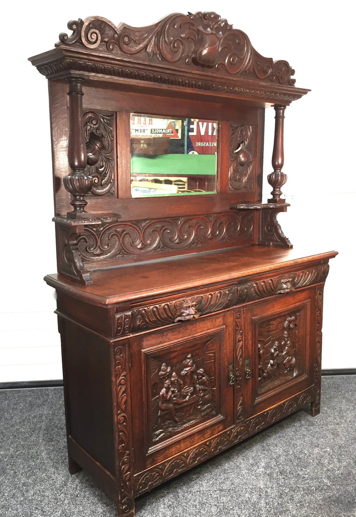 Antique 19th Century Carved Wooden Oak Green Man Dresser Sideboard with Mirror