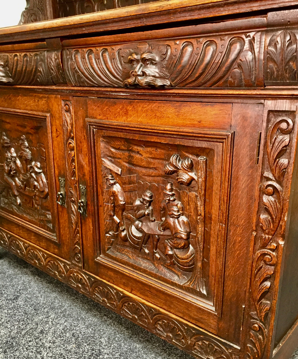 Antique 19th Century Carved Wooden Oak Green Man Dresser Sideboard with Mirror