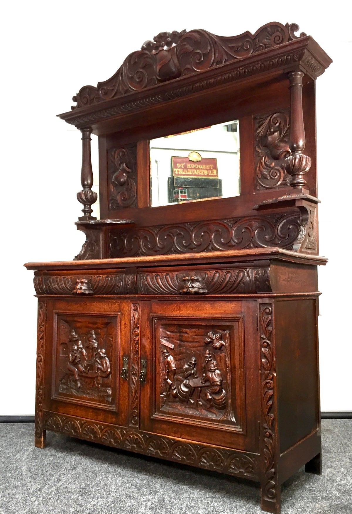 Antique 19th Century Carved Wooden Oak Green Man Dresser Sideboard with Mirror