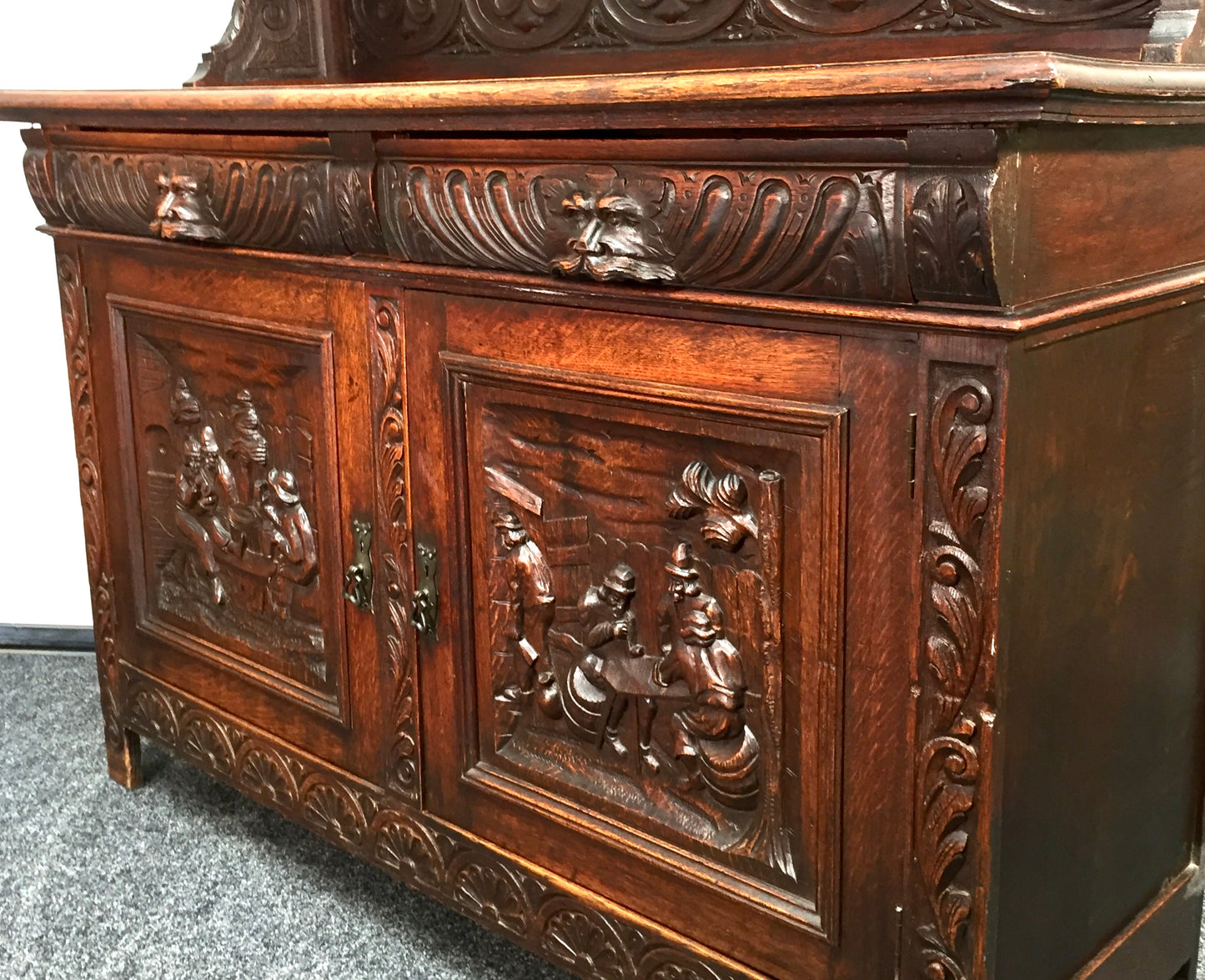 Antique 19th Century Carved Wooden Oak Green Man Dresser Sideboard with Mirror