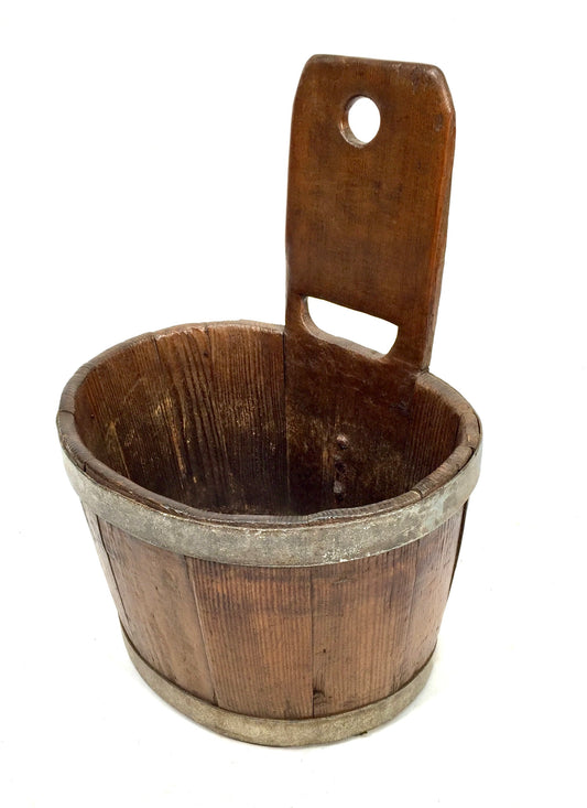 Antique Wooden Handled Luggie / Wall Hanging Box Bucket Planter Plant Pot c1900
