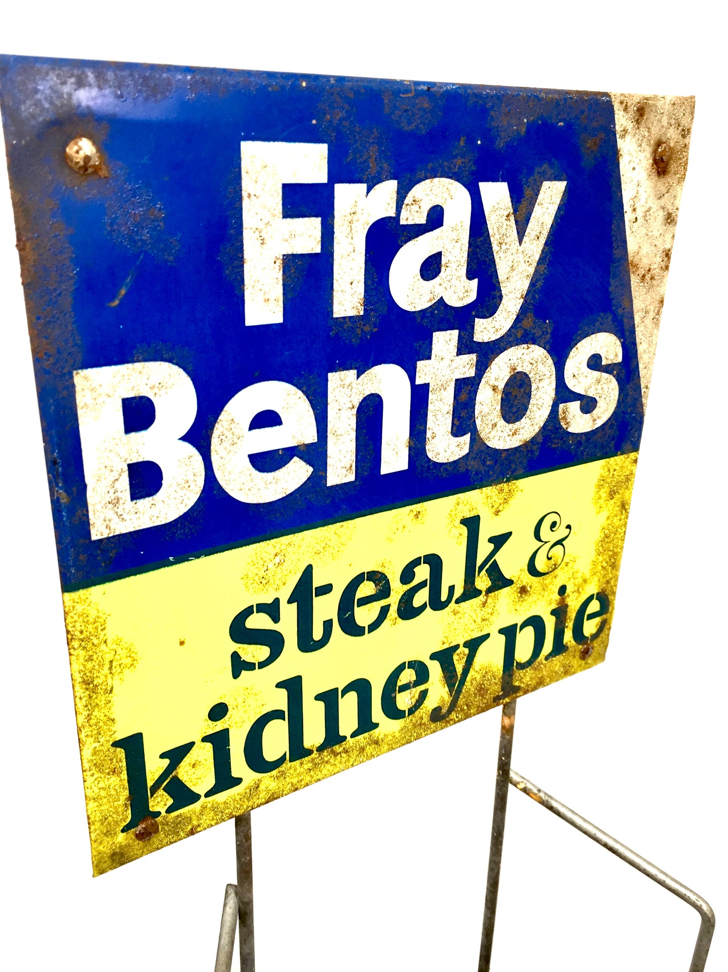 Antique Advertising Shop Counter Display Stand Fray Bentos Pie Metal Sign 1950s