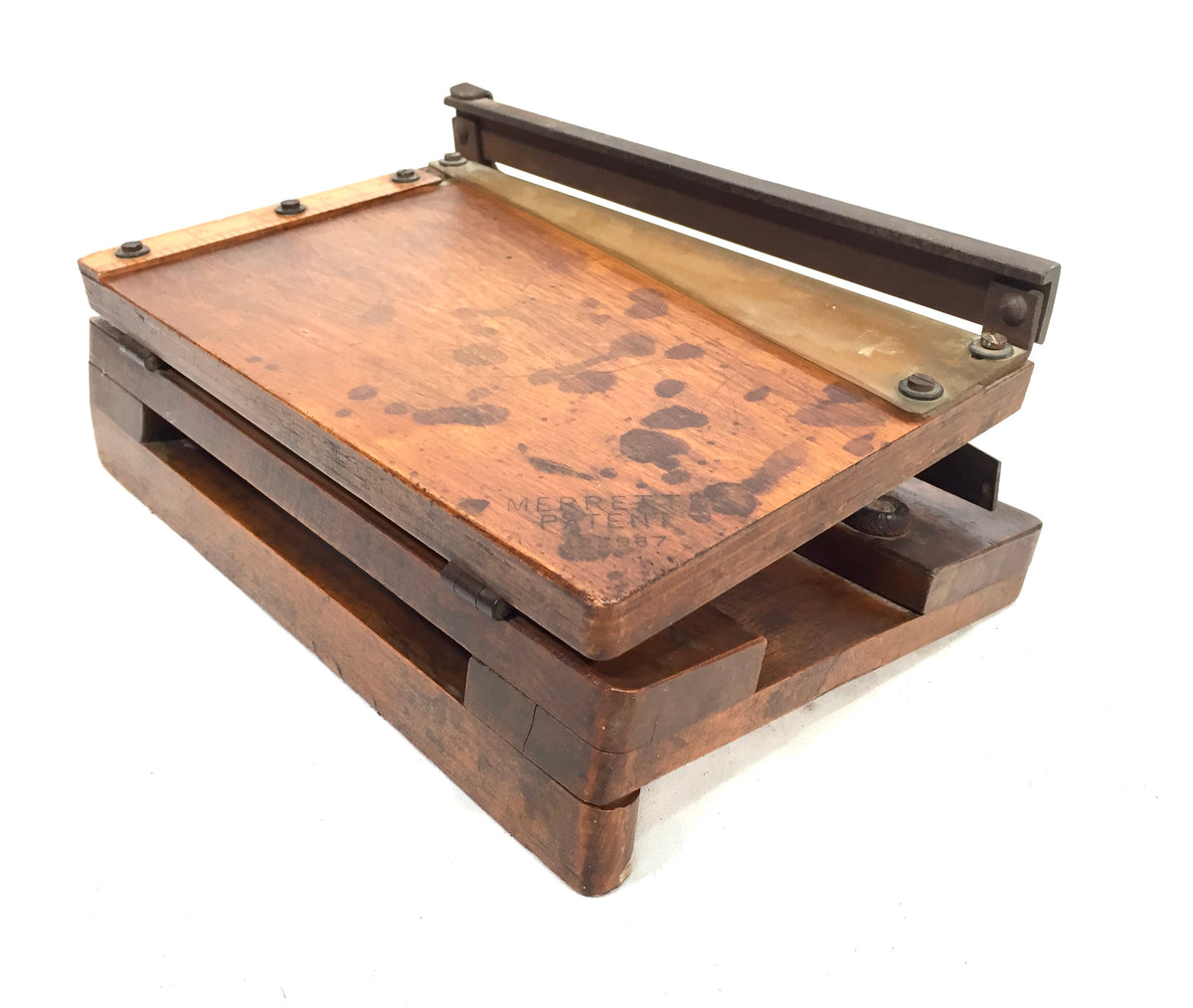 Antique Tabletop Wooden Merrett's Desktop Paper Cutter Guillotine c.1930 Vintage