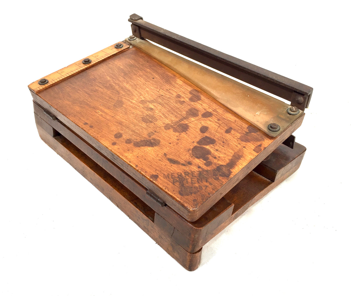 Antique Tabletop Wooden Merrett's Desktop Paper Cutter Guillotine c.1930 Vintage
