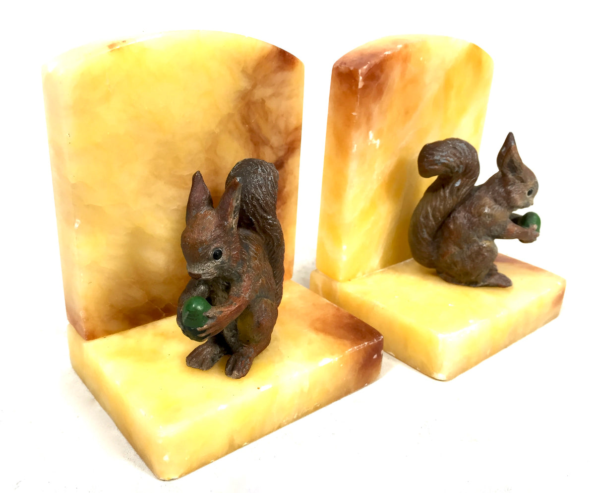 Antique Art Deco Pair of Squirrel Onyx Bookends / Book Ends Early 20th Century