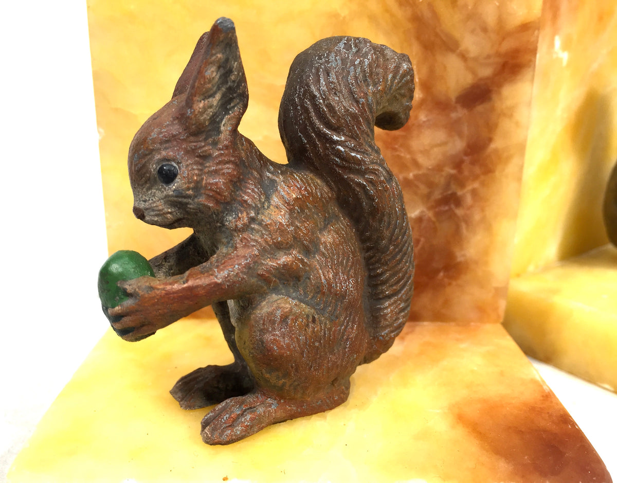 Antique Art Deco Pair of Squirrel Onyx Bookends / Book Ends Early 20th Century
