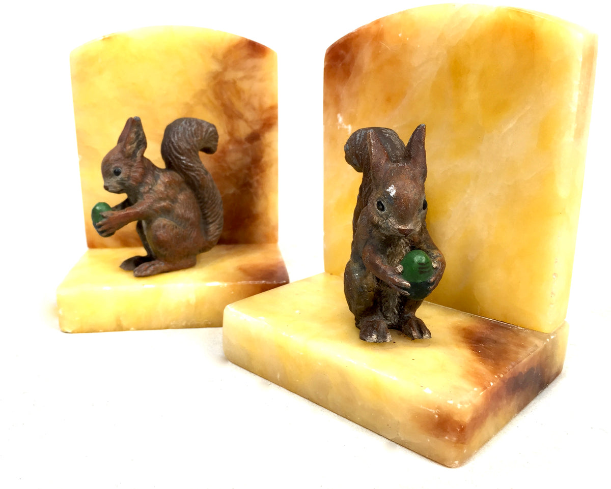 Antique Art Deco Pair of Squirrel Onyx Bookends / Book Ends Early 20th Century