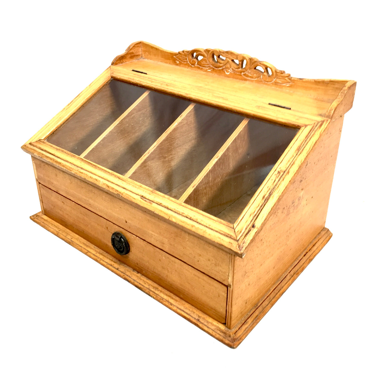 Antique Wooden & Glass Tabletop Haberdashery Shop Display Cabinet Box c.1950