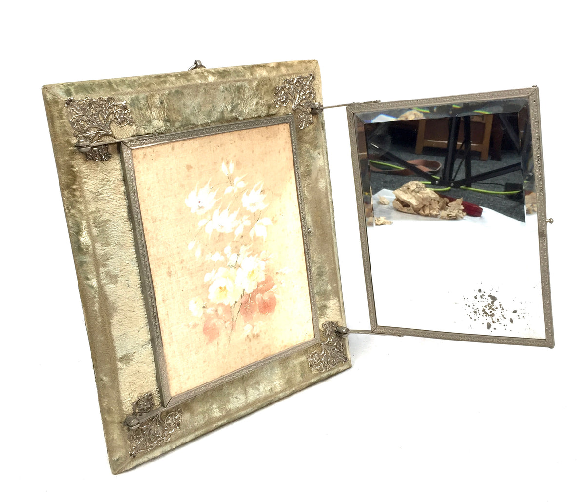 Antique Tabletop Or Wall Victorian Tri-Fold Vanity Mirror Floral Design c.1900