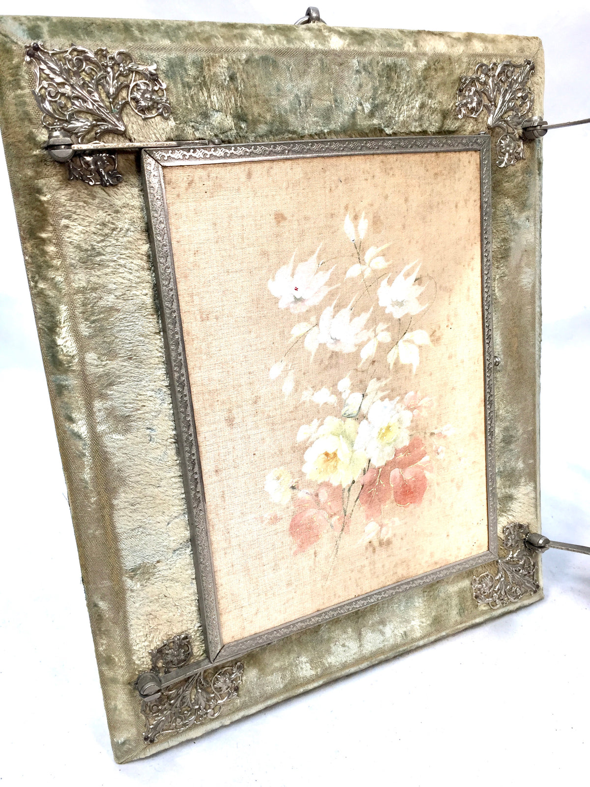 Antique Tabletop Or Wall Victorian Tri-Fold Vanity Mirror Floral Design c.1900