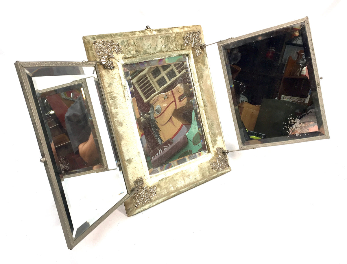 Antique Tabletop Or Wall Victorian Tri-Fold Vanity Mirror Floral Design c.1900
