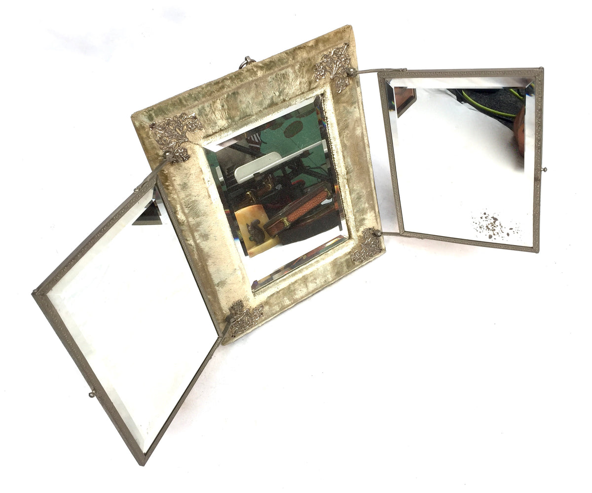 Antique Tabletop Or Wall Victorian Tri-Fold Vanity Mirror Floral Design c.1900