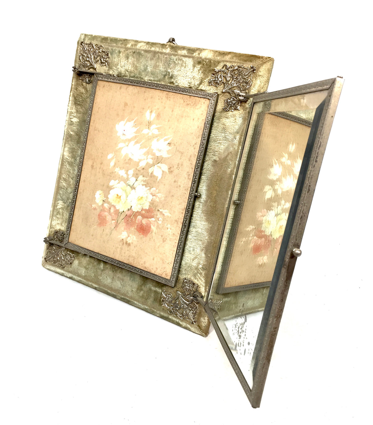 Antique Tabletop Or Wall Victorian Tri-Fold Vanity Mirror Floral Design c.1900