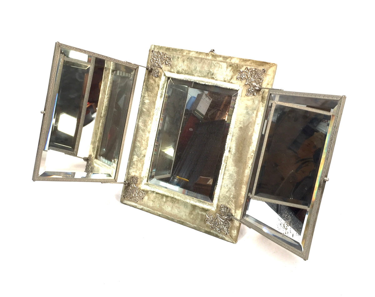 Antique Tabletop Or Wall Victorian Tri-Fold Vanity Mirror Floral Design c.1900