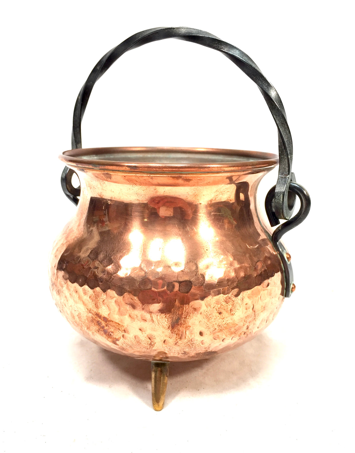 Antique Arts & Crafts Hammered Copper Footed Cauldron & Handle Cache Pot Planter