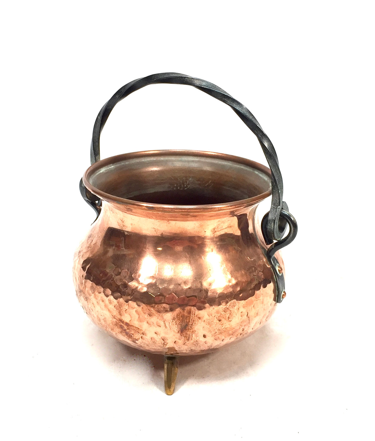 Antique Arts & Crafts Hammered Copper Footed Cauldron & Handle Cache Pot Planter