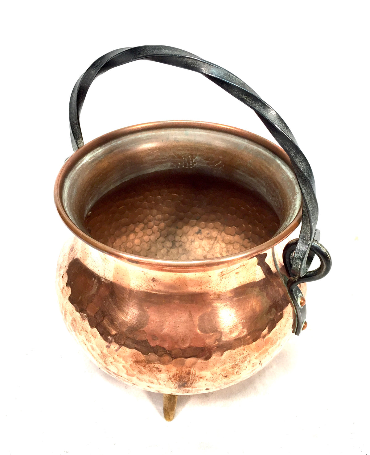 Antique Arts & Crafts Hammered Copper Footed Cauldron & Handle Cache Pot Planter