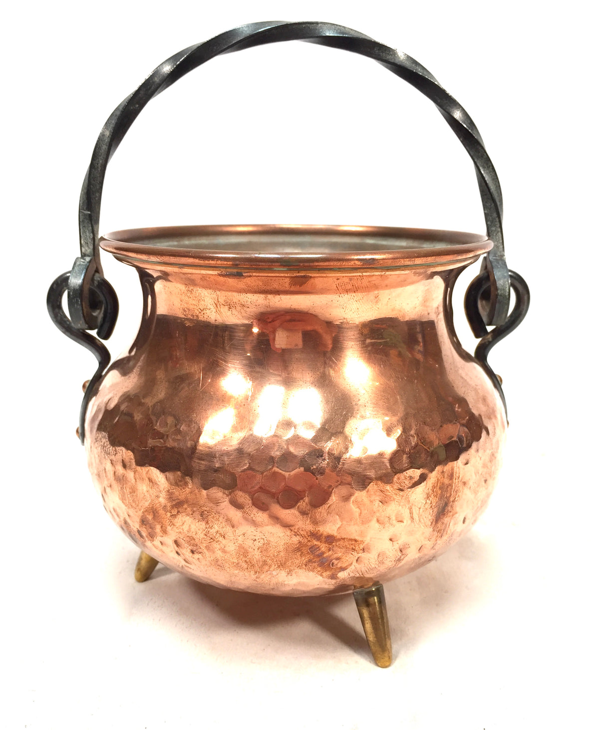 Antique Arts & Crafts Hammered Copper Footed Cauldron & Handle Cache Pot Planter