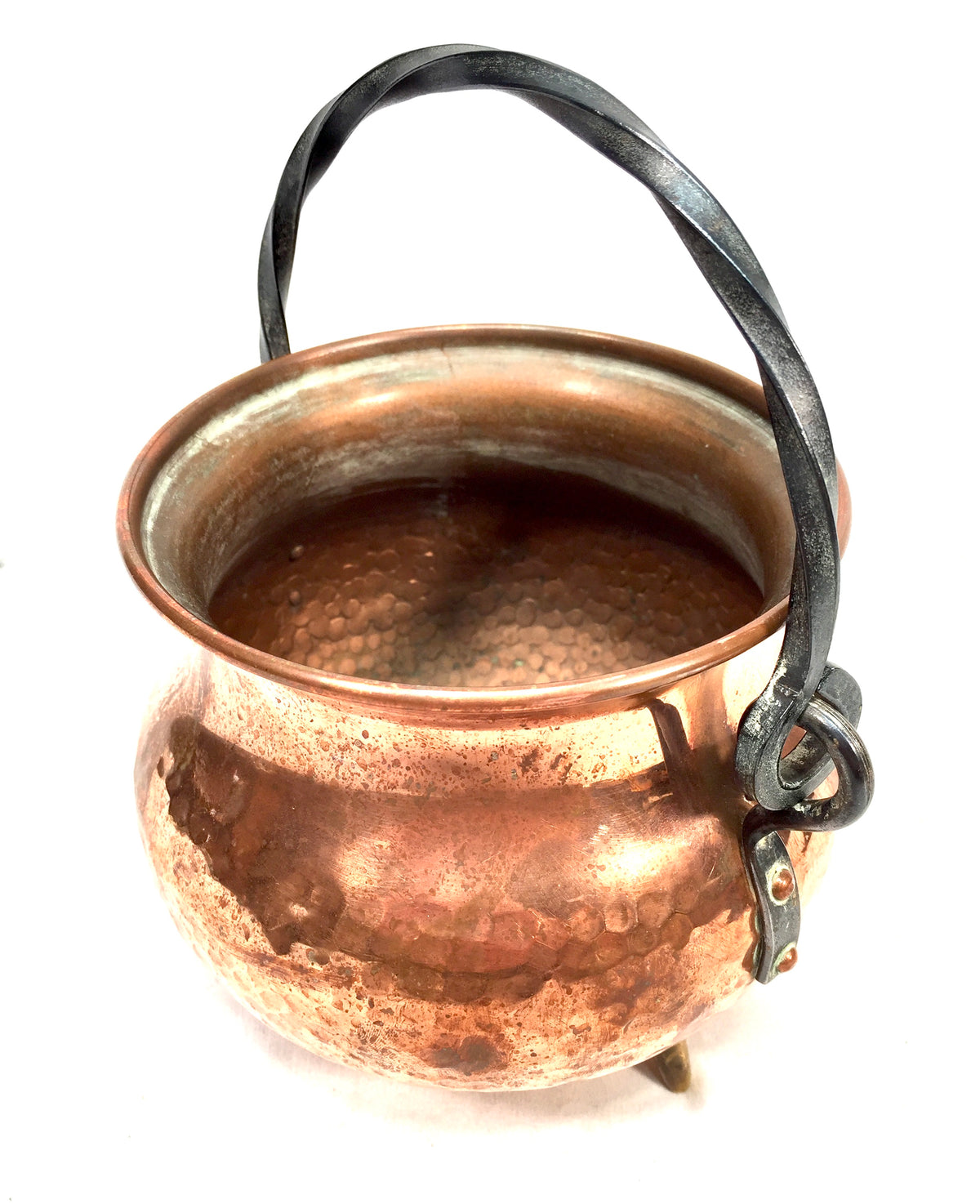 Antique Arts & Crafts Hammered Copper Footed Cauldron & Handle Cache Pot Planter
