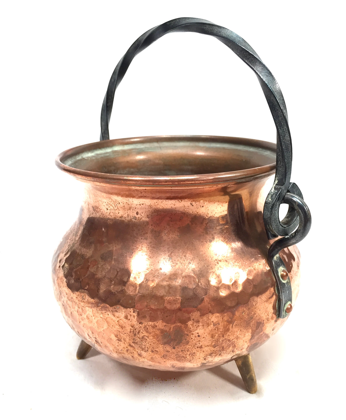 Antique Arts & Crafts Hammered Copper Footed Cauldron & Handle Cache Pot Planter