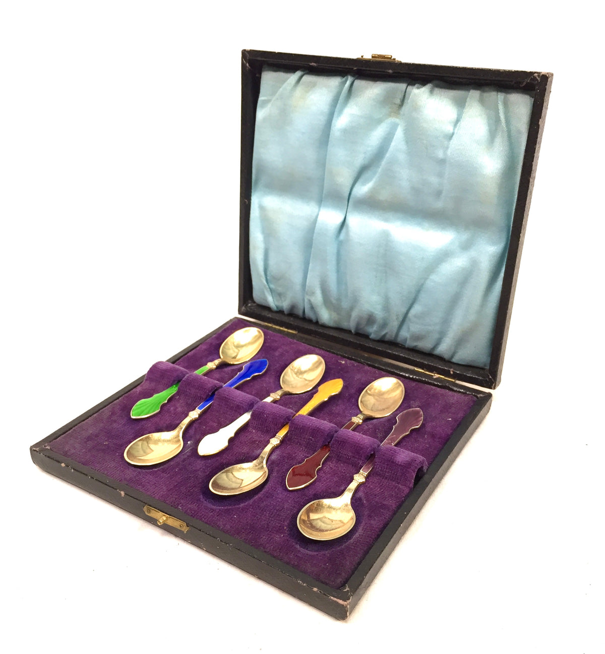 Antique Silver & Harlequin Enamel Coffee or Tea Spoons by MEKA in Box c.1950