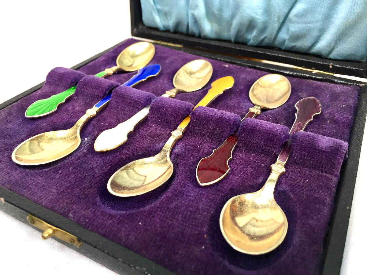 Antique Silver & Harlequin Enamel Coffee or Tea Spoons by MEKA in Box c.1950