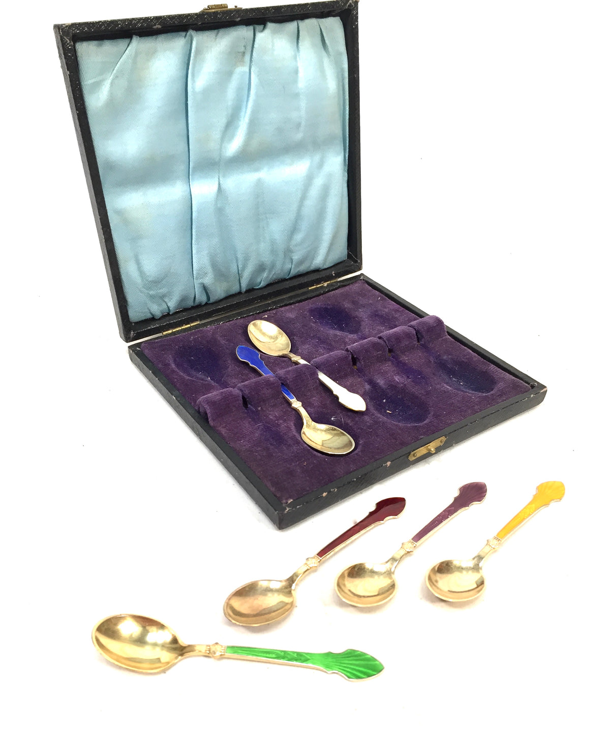 Antique Silver & Harlequin Enamel Coffee or Tea Spoons by MEKA in Box c.1950