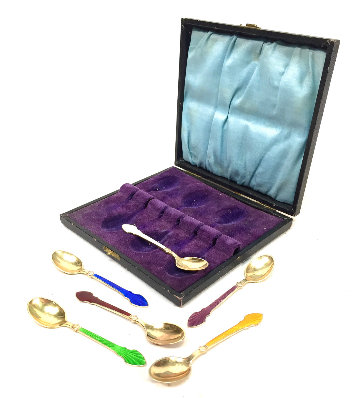 Antique Silver & Harlequin Enamel Coffee or Tea Spoons by MEKA in Box c.1950
