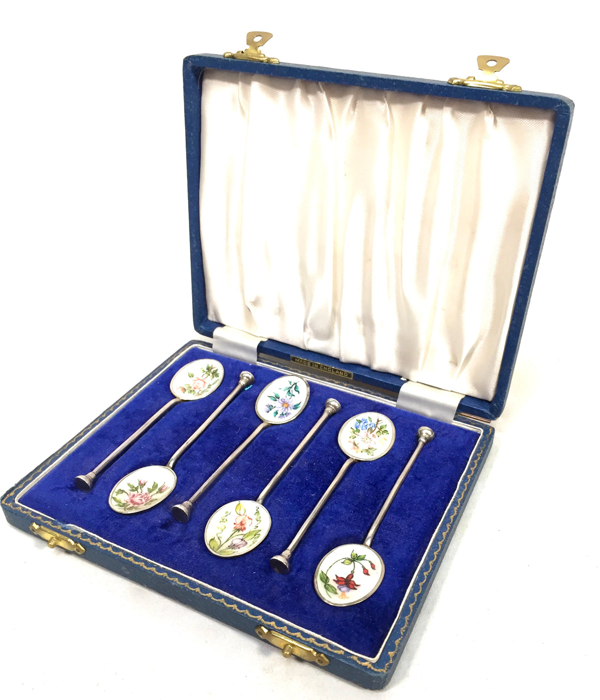 Antique Birmingham Sterling Silver & Enamel Coffee / Tea Nail Head Spoons in Box