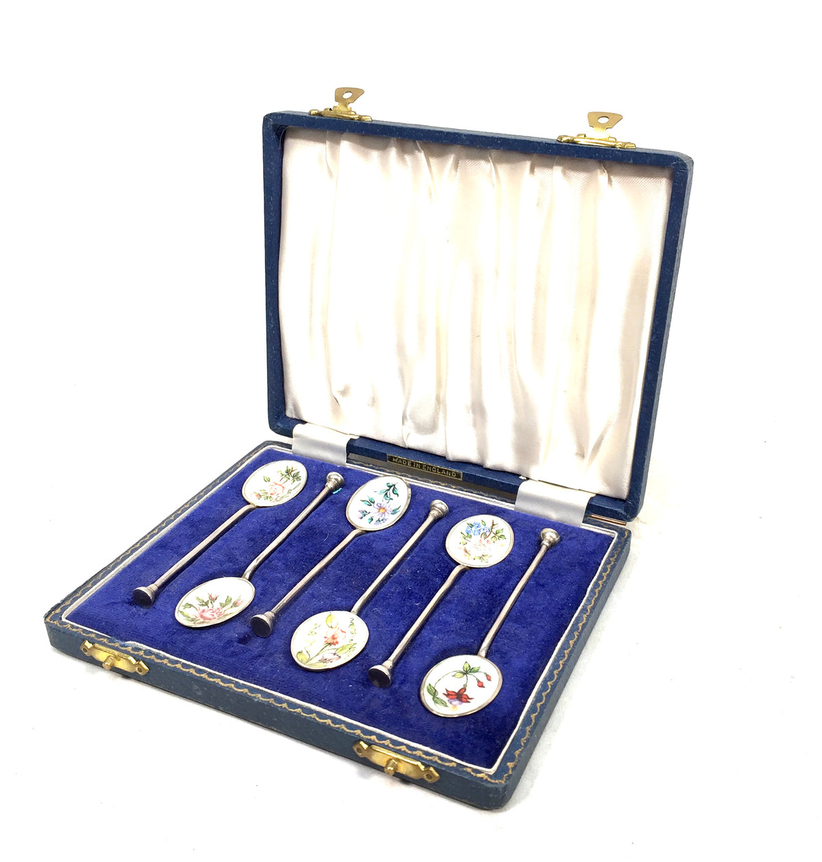 Antique Birmingham Sterling Silver & Enamel Coffee / Tea Nail Head Spoons in Box