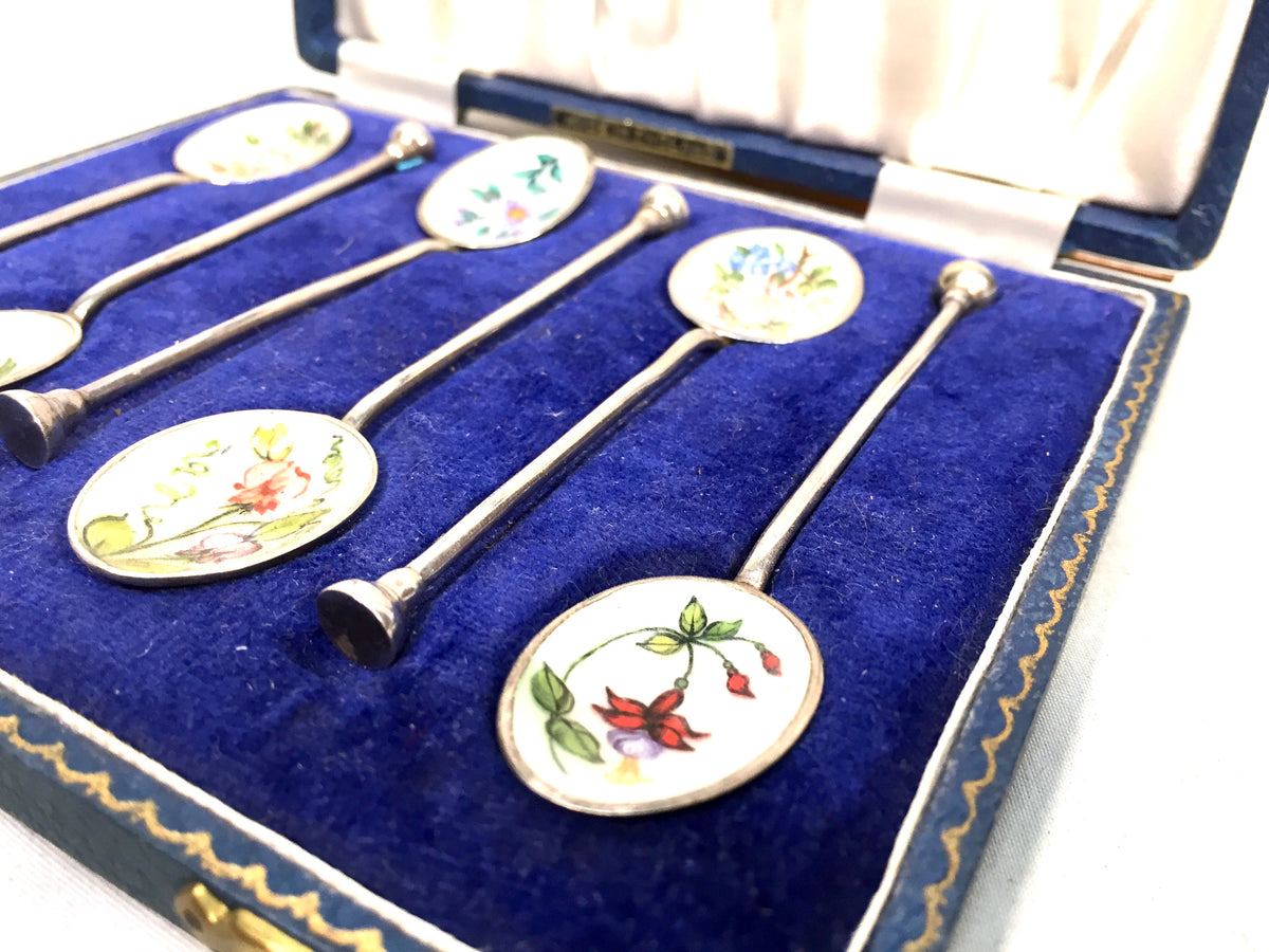 Antique Birmingham Sterling Silver & Enamel Coffee / Tea Nail Head Spoons in Box