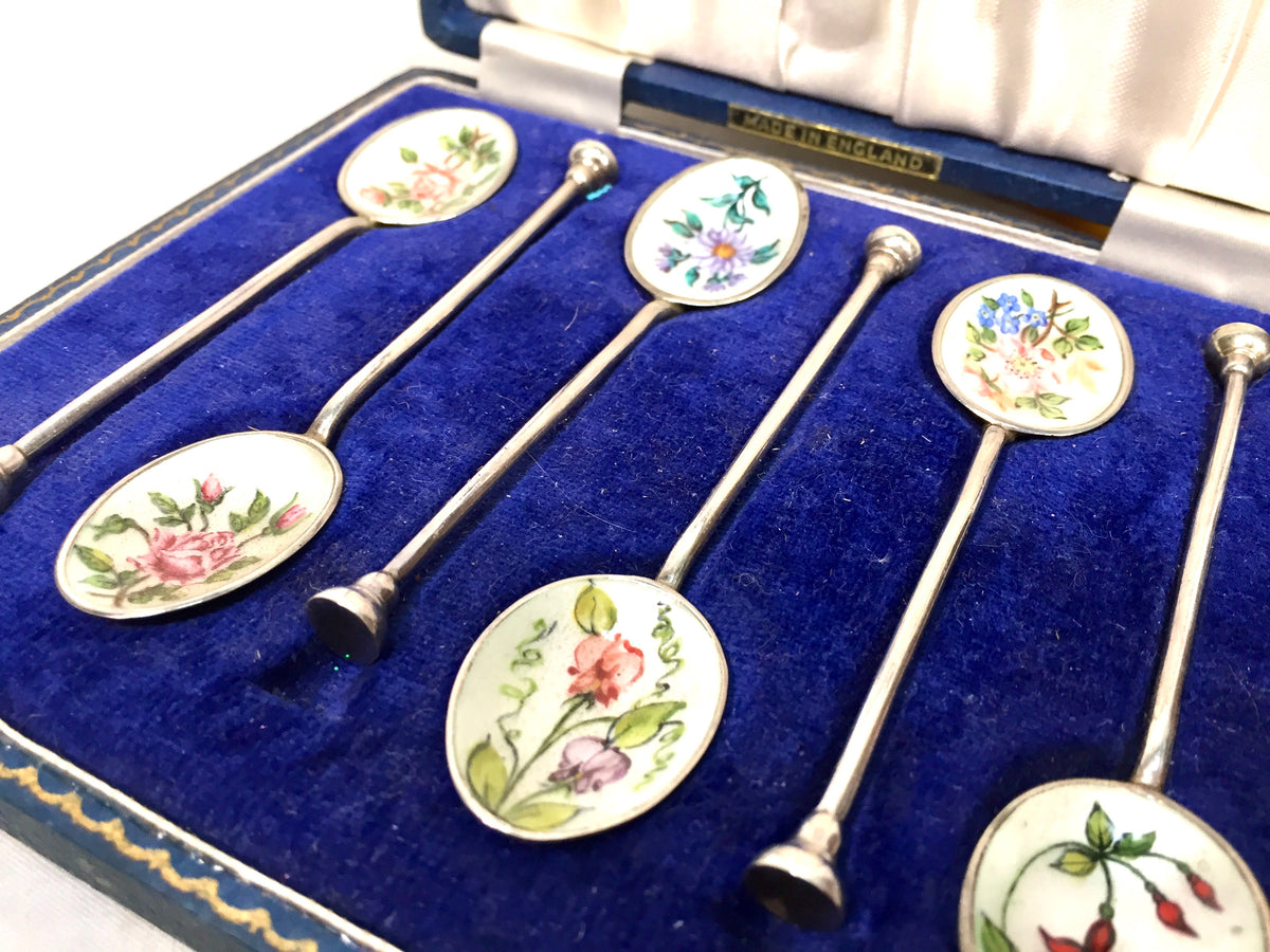 Antique Birmingham Sterling Silver & Enamel Coffee / Tea Nail Head Spoons in Box