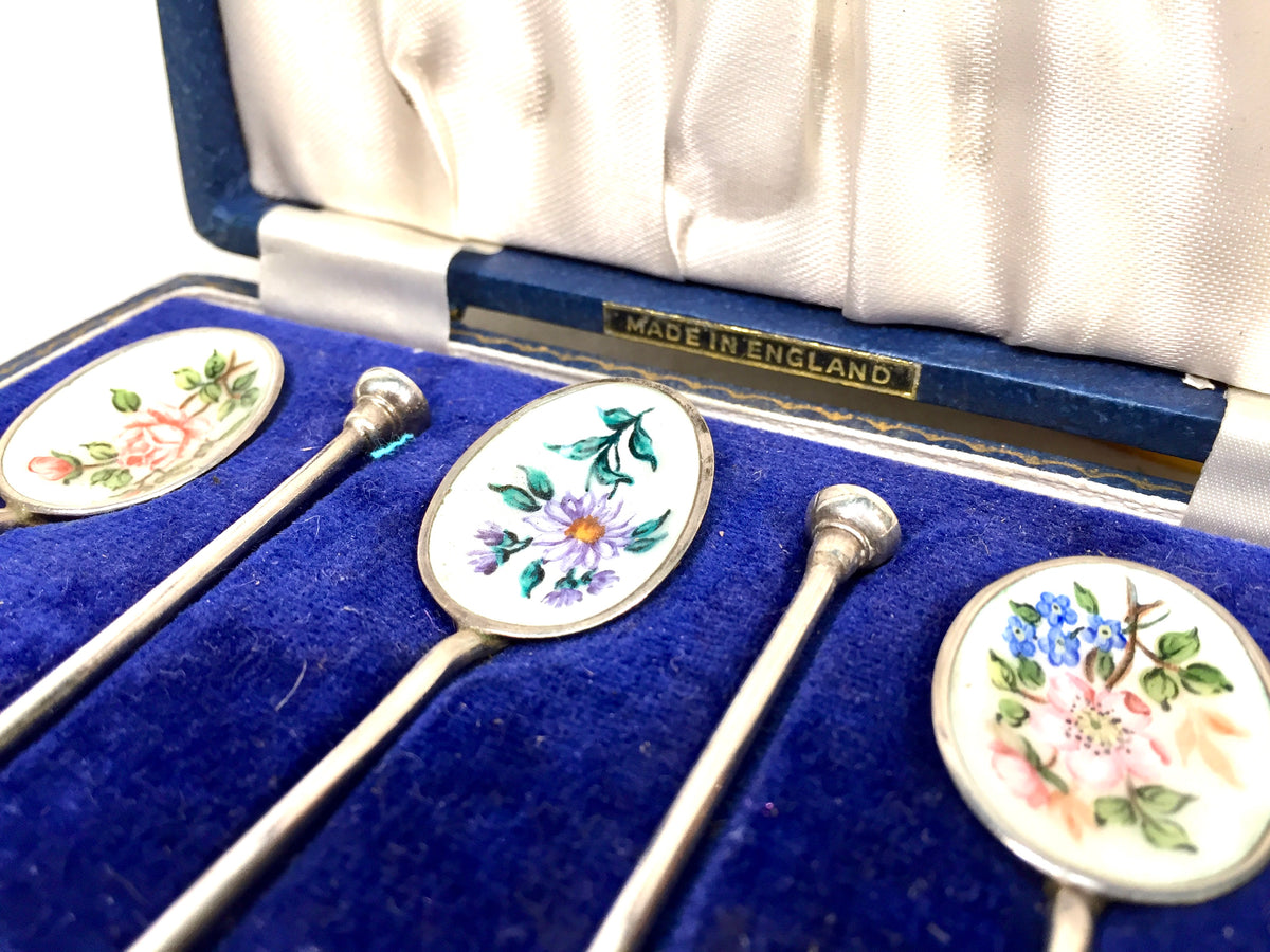 Antique Birmingham Sterling Silver & Enamel Coffee / Tea Nail Head Spoons in Box
