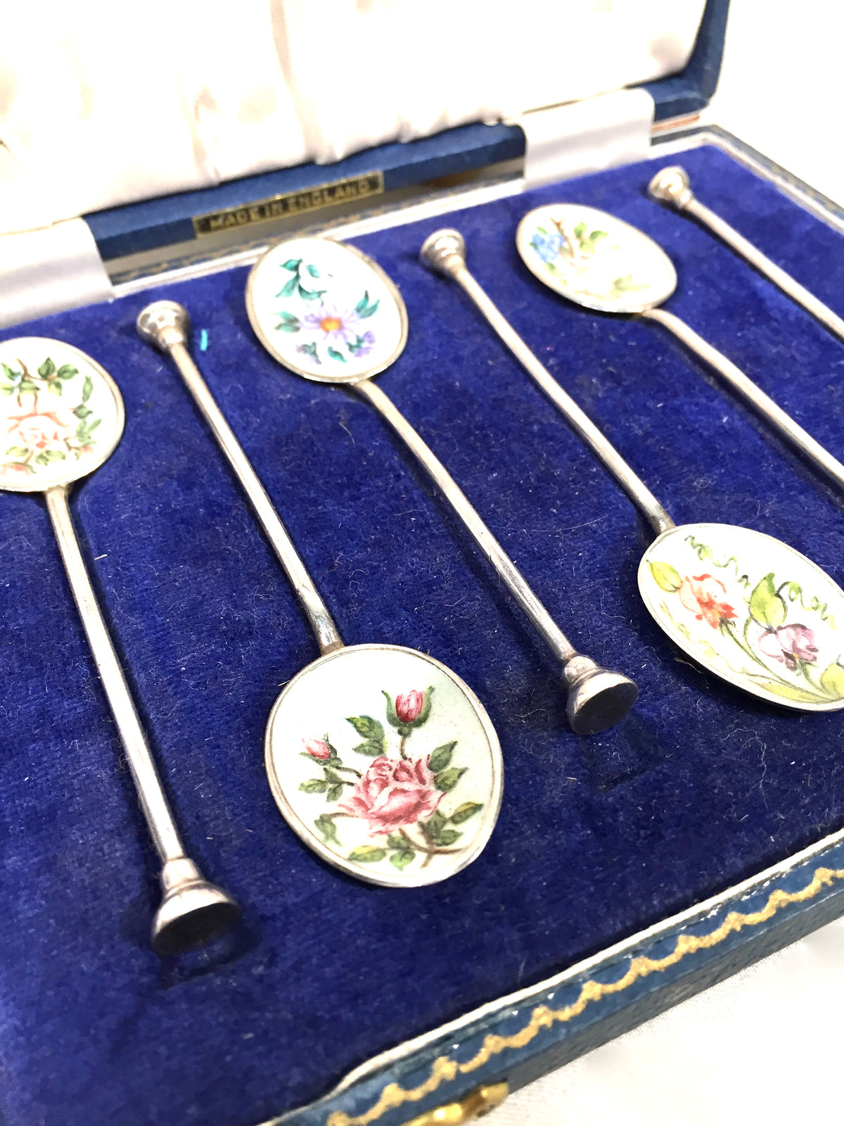 Antique Birmingham Sterling Silver & Enamel Coffee / Tea Nail Head Spoons in Box