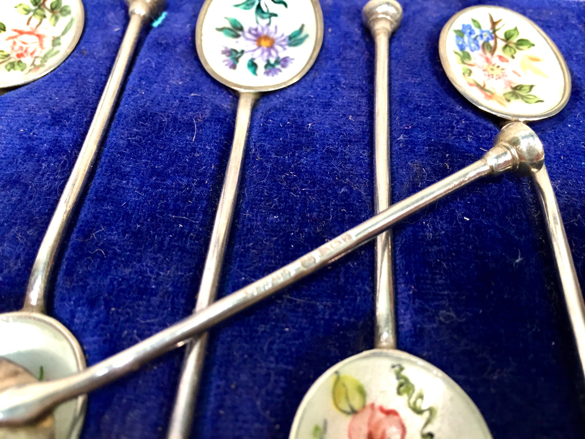 Antique Birmingham Sterling Silver & Enamel Coffee / Tea Nail Head Spoons in Box