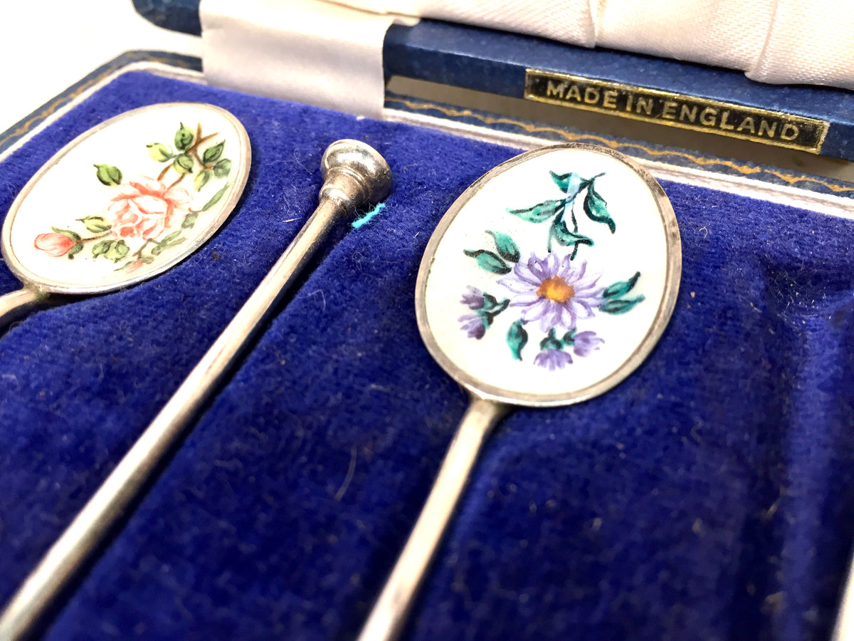 Antique Birmingham Sterling Silver & Enamel Coffee / Tea Nail Head Spoons in Box