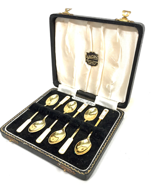 Antique ELA Denmark Solid Silver & Enamel Coffee / Tea Spoons in Box c.1950