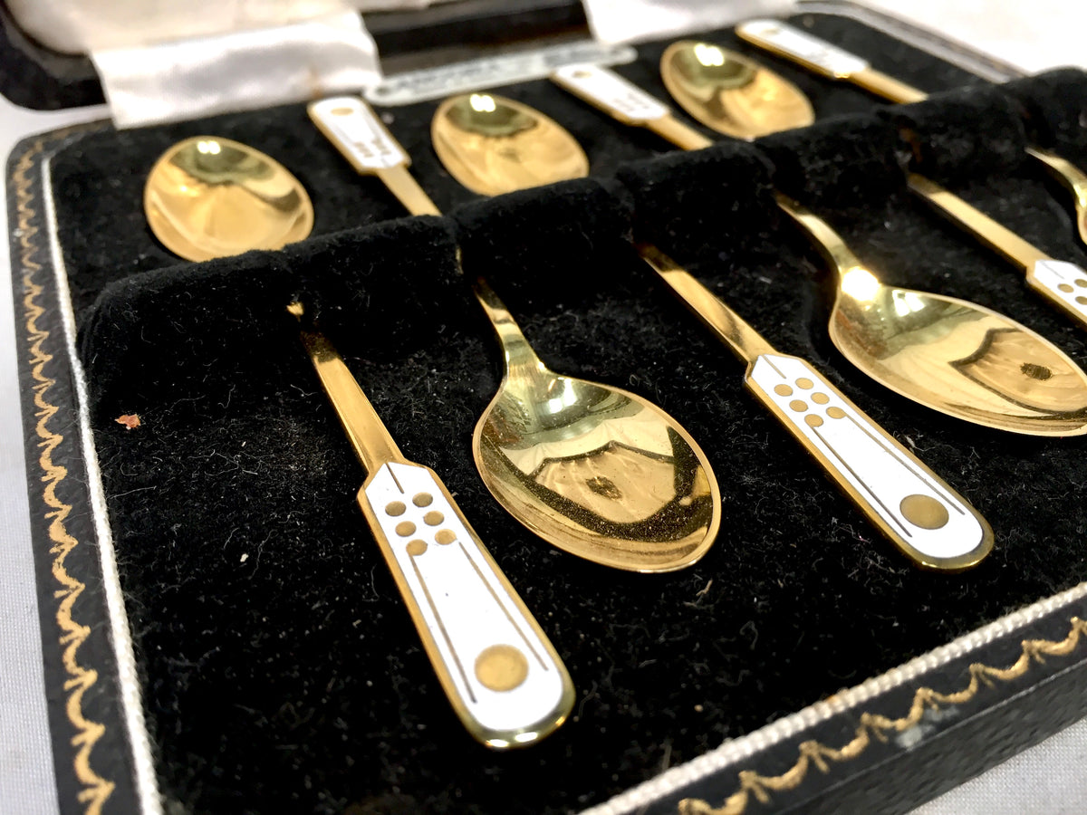 Antique ELA Denmark Solid Silver & Enamel Coffee / Tea Spoons in Box c.1950
