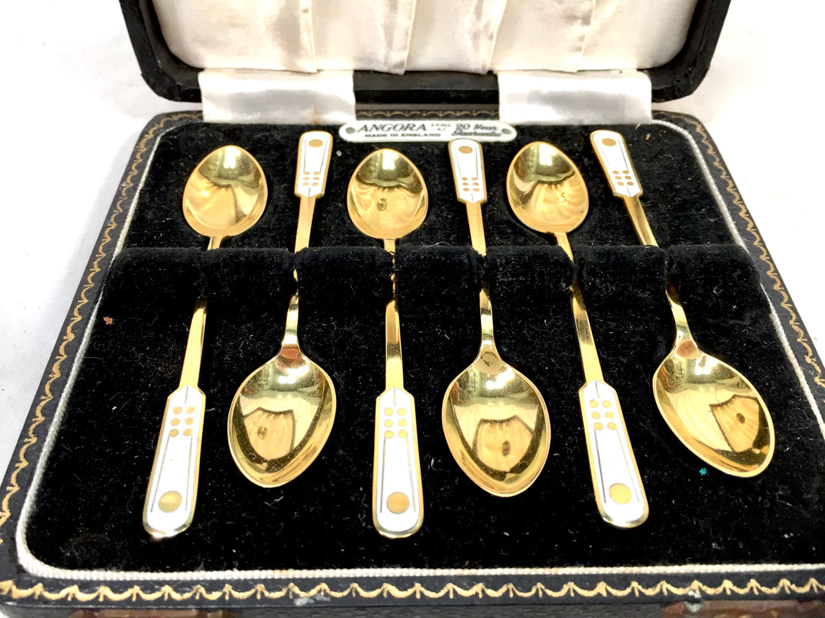Antique ELA Denmark Solid Silver & Enamel Coffee / Tea Spoons in Box c.1950