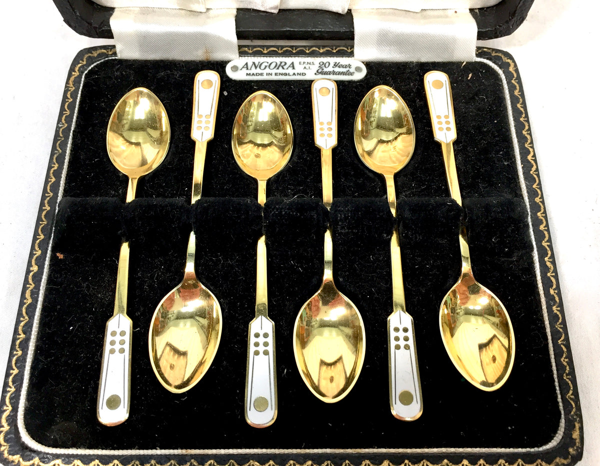 Antique ELA Denmark Solid Silver & Enamel Coffee / Tea Spoons in Box c.1950
