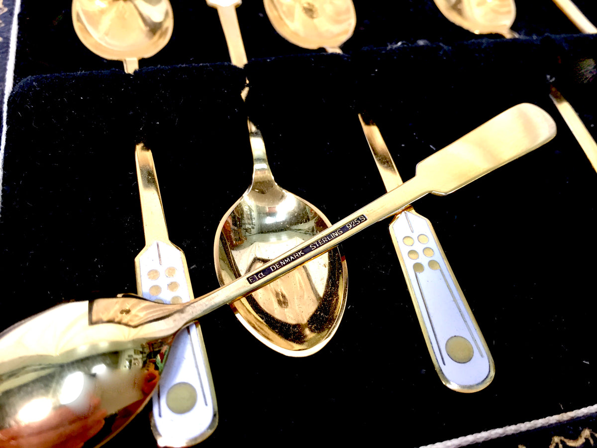 Antique ELA Denmark Solid Silver & Enamel Coffee / Tea Spoons in Box c.1950