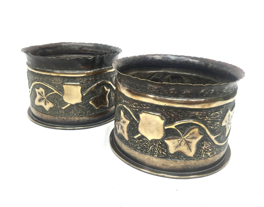Antique Pair of WW1 German Shell Trench Art Brass Planters / Plant Pots c.1916