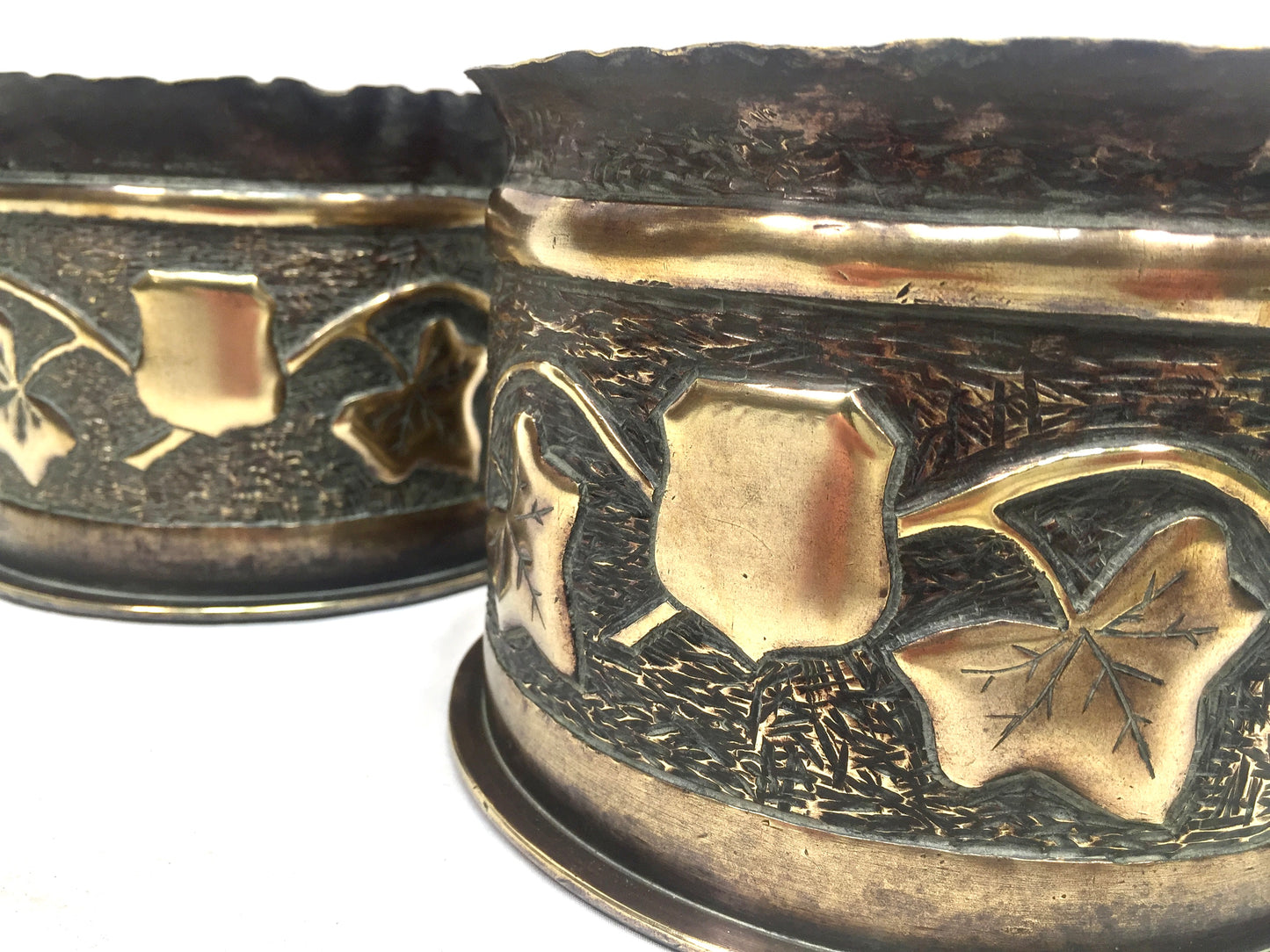 Antique Pair of WW1 German Shell Trench Art Brass Planters / Plant Pots c.1916