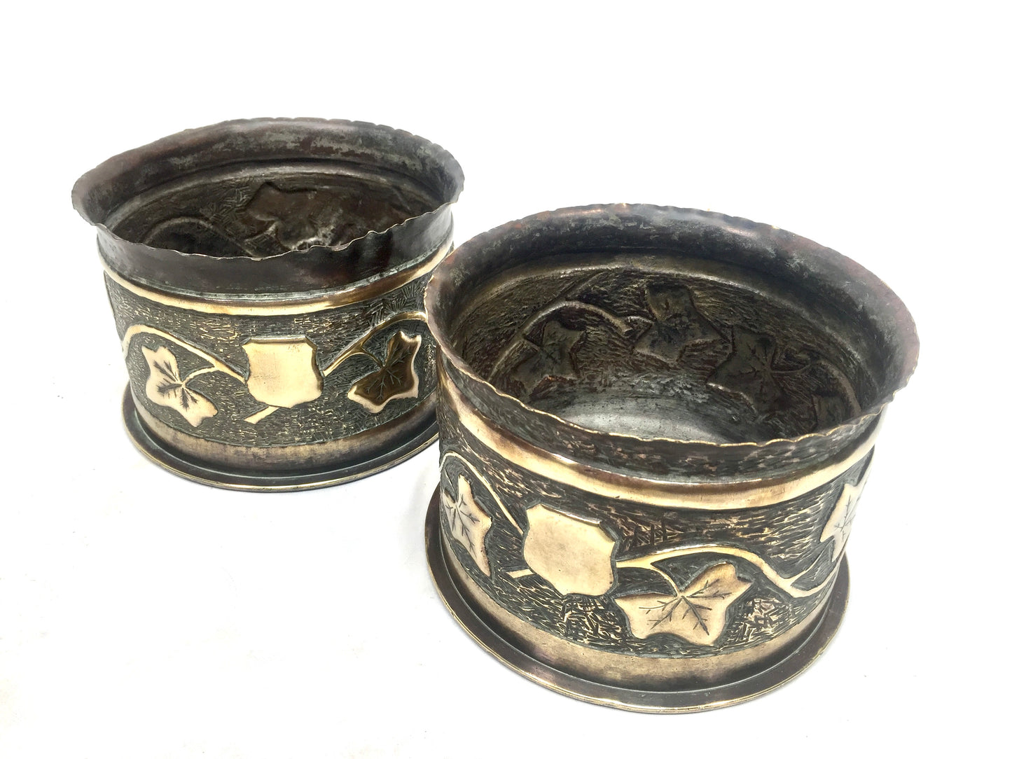 Antique Pair of WW1 German Shell Trench Art Brass Planters / Plant Pots c.1916