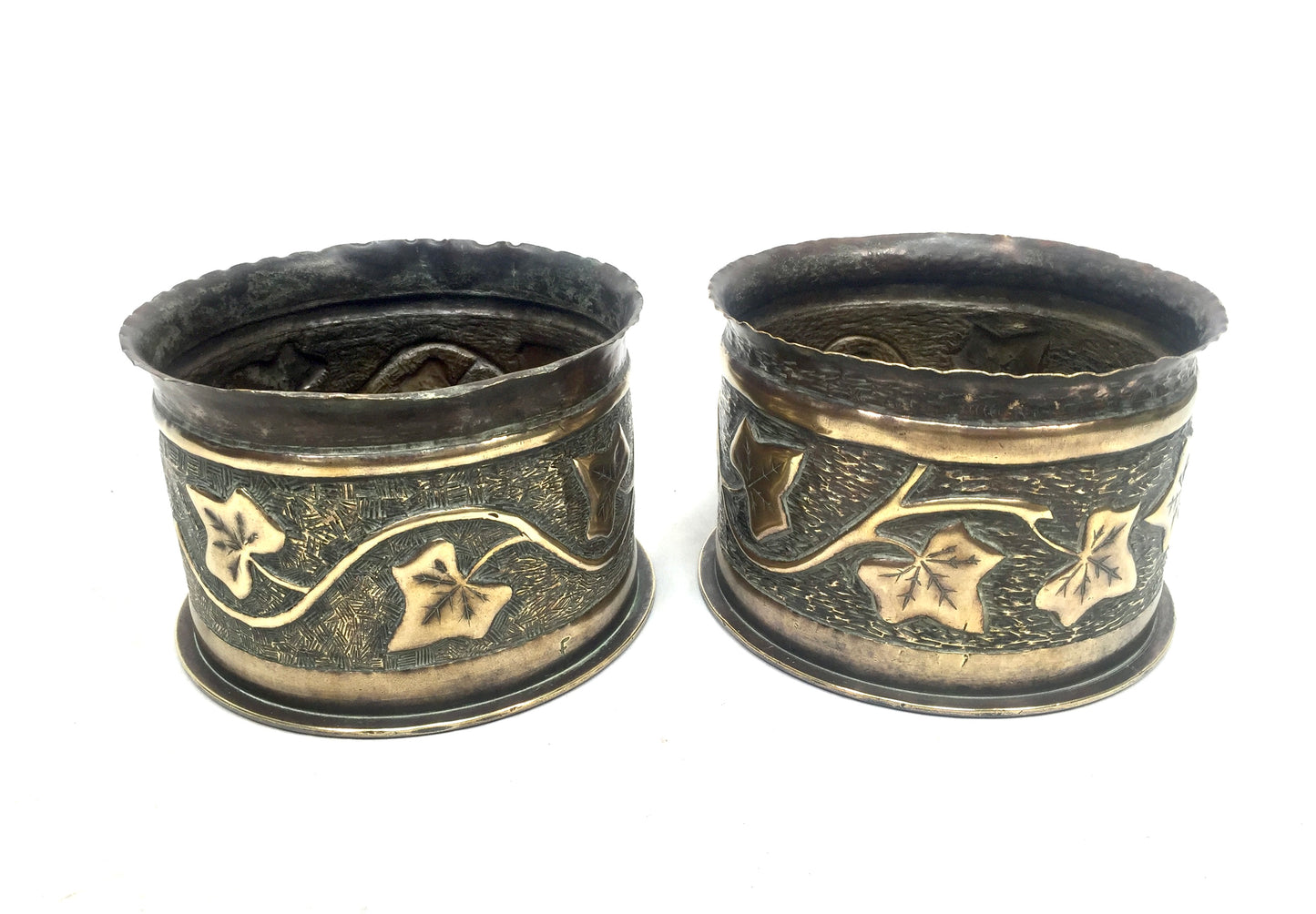 Antique Pair of WW1 German Shell Trench Art Brass Planters / Plant Pots c.1916