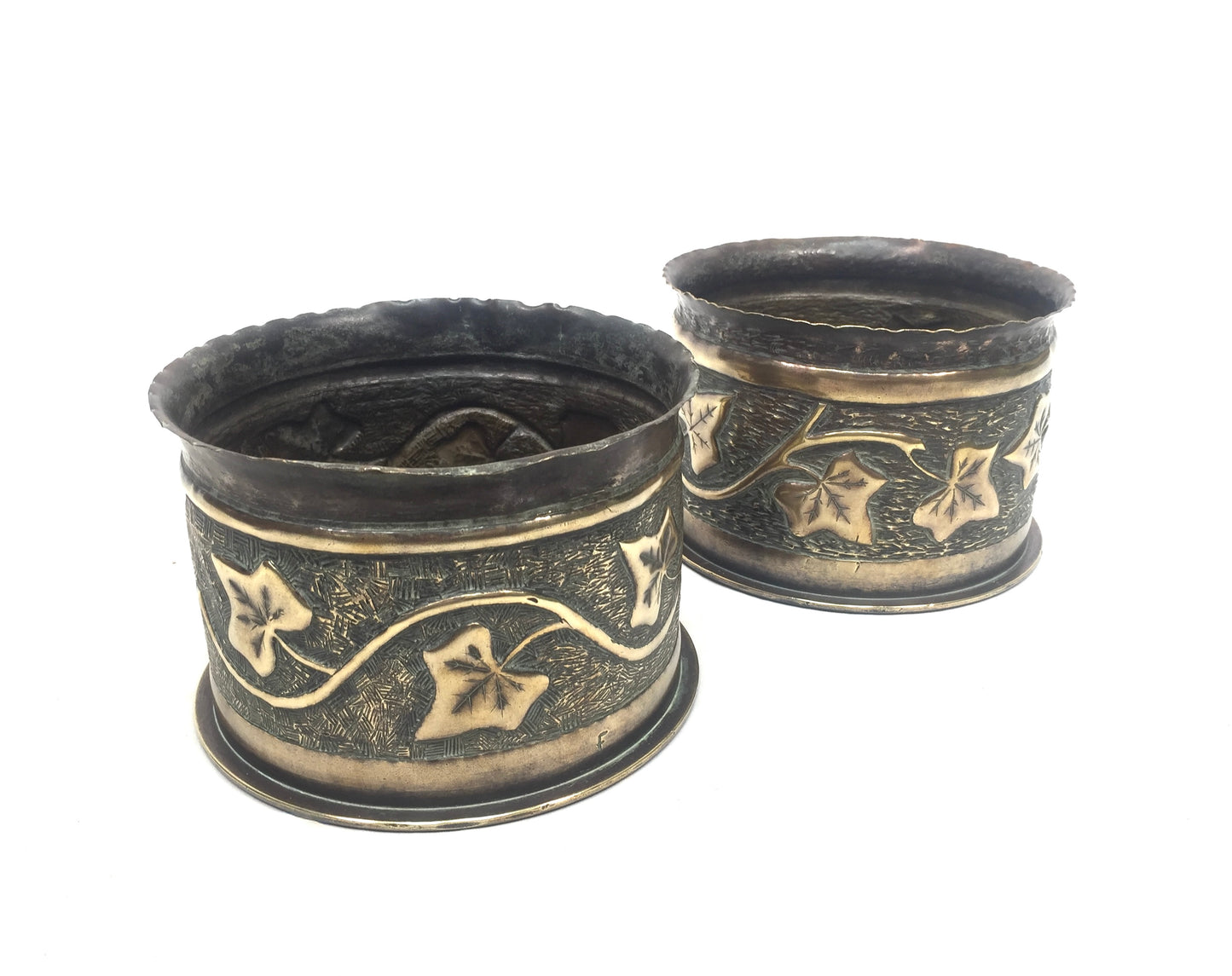 Antique Pair of WW1 German Shell Trench Art Brass Planters / Plant Pots c.1916