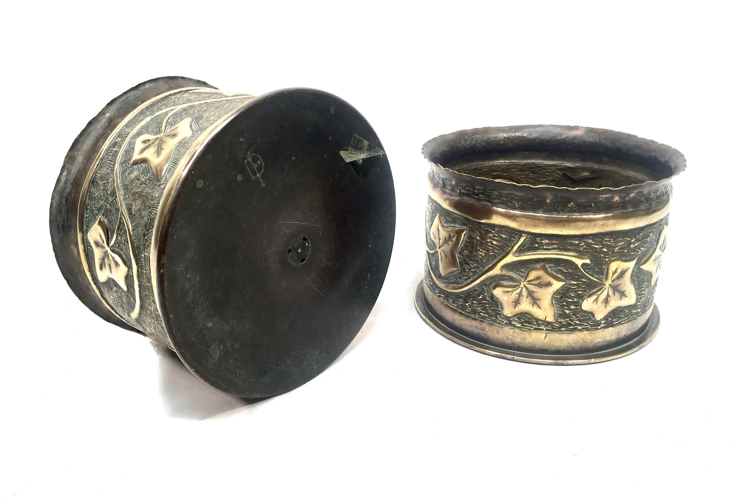 Antique Pair of WW1 German Shell Trench Art Brass Planters / Plant Pots c.1916